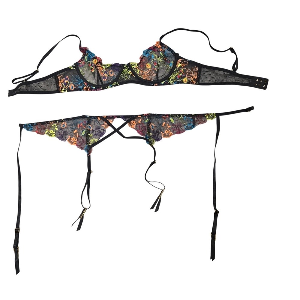 Neon Floral Embroidered Mesh Bra and Garter Belt Lingerie Set Black Underwire
